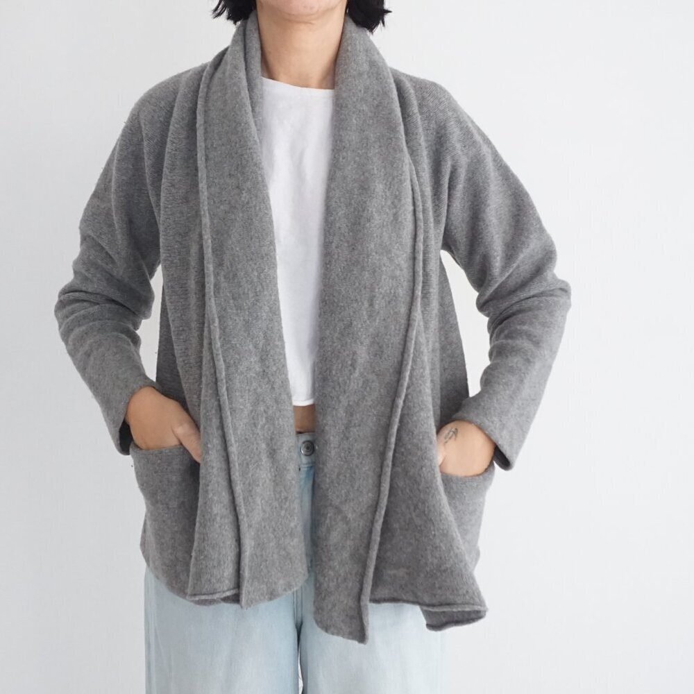 Eileen Fisher Gray Open Front Knit Cardigan Minimalist Drape Soft Classic L